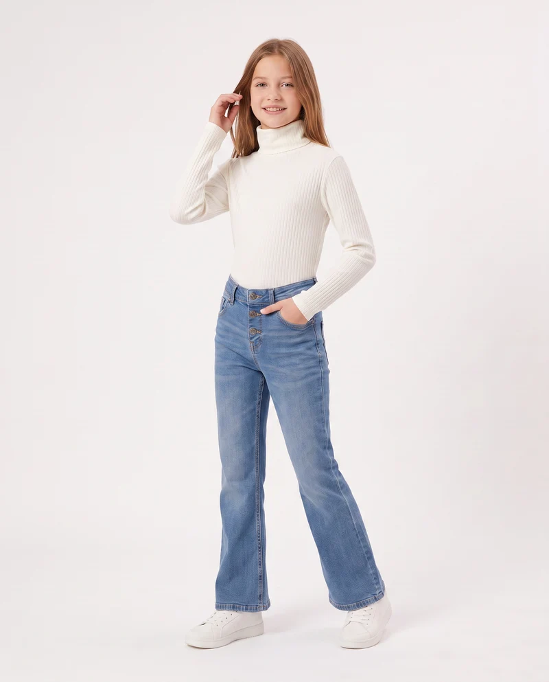 Maglia collo alto per bambina in costina - Bianco sporco