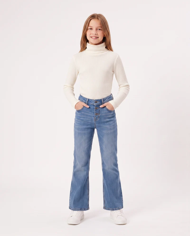 Maglia collo alto per bambina in costina - Bianco sporco