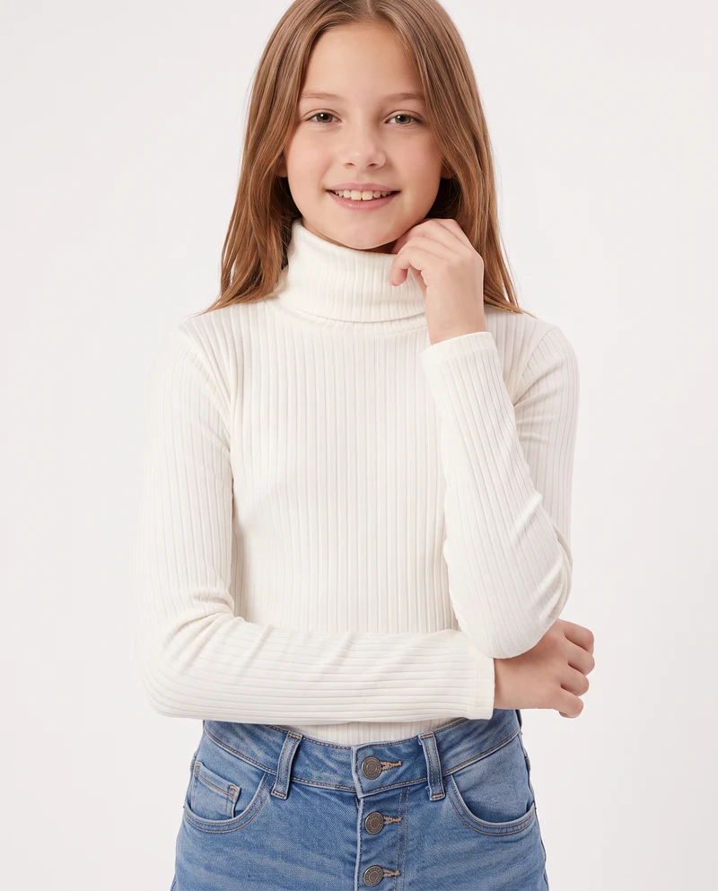 Maglia collo alto per bambina in costina - Bianco sporco