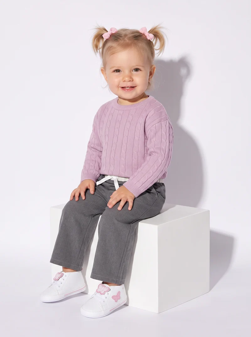 Maglioncino girocollo con trecce trendy - Rosa polvere