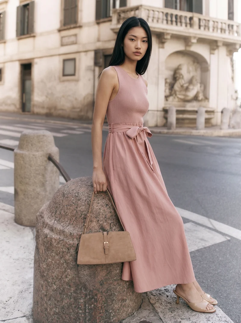 Abito smanicato lungo con scollo rotondo - Rosa polvere