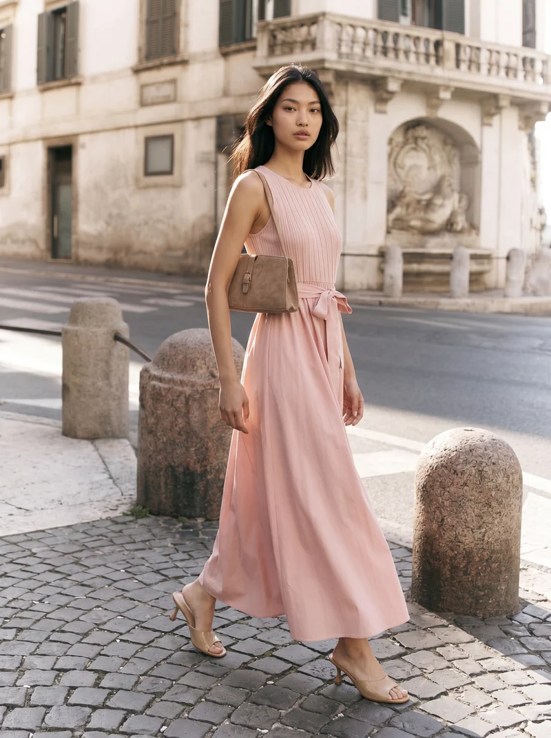 Abito smanicato lungo con scollo rotondo - Rosa polvere