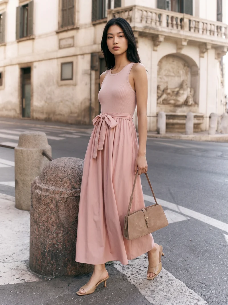 Abito smanicato lungo con scollo rotondo - Rosa polvere