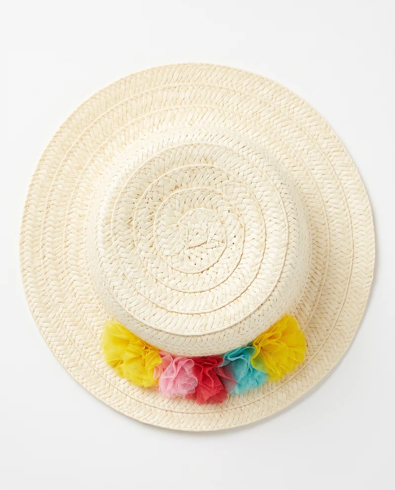 Cappello in paglia con pon pon in tulle - Bianco natural