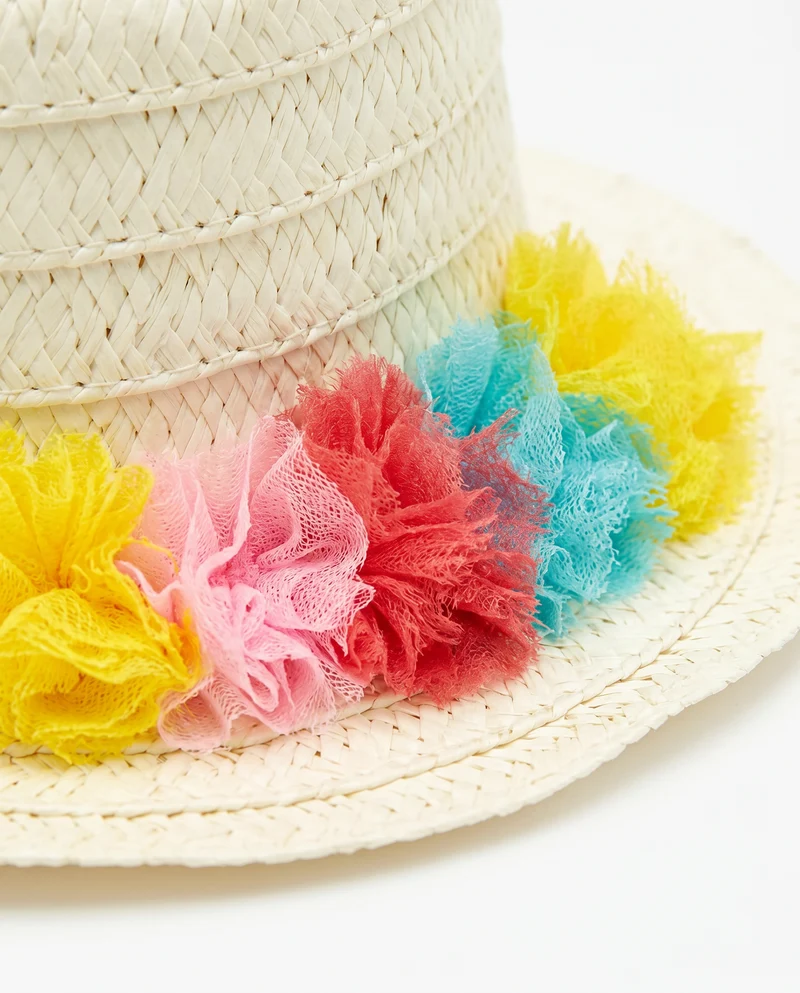 Cappello in paglia con pon pon in tulle - Bianco natural