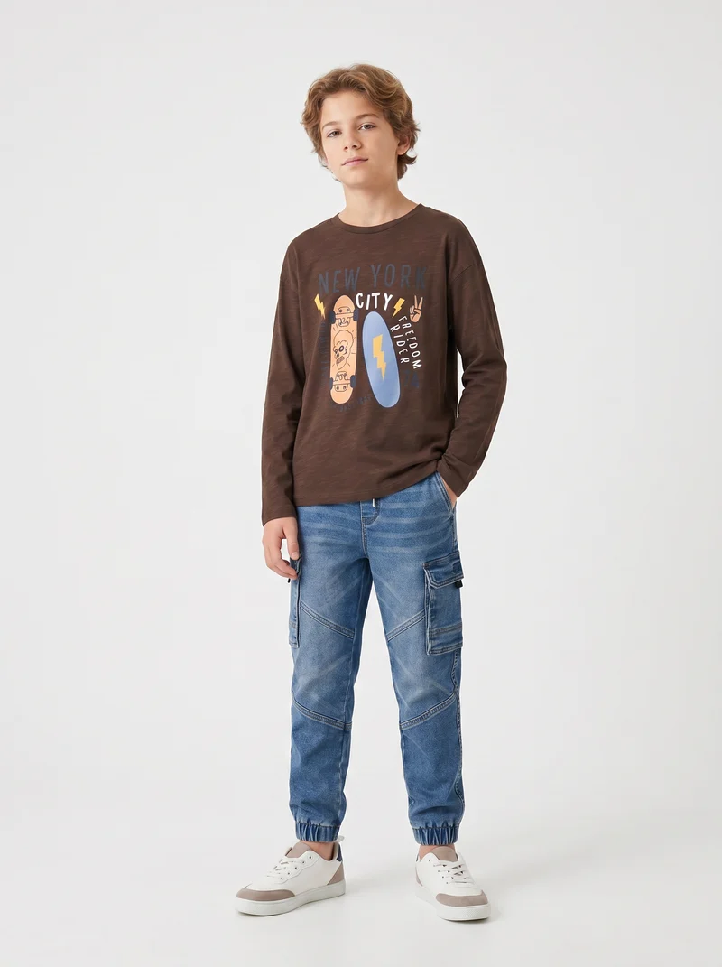 T-shirt maniche lunghe in jersey fiammato - Marrone cioccolato