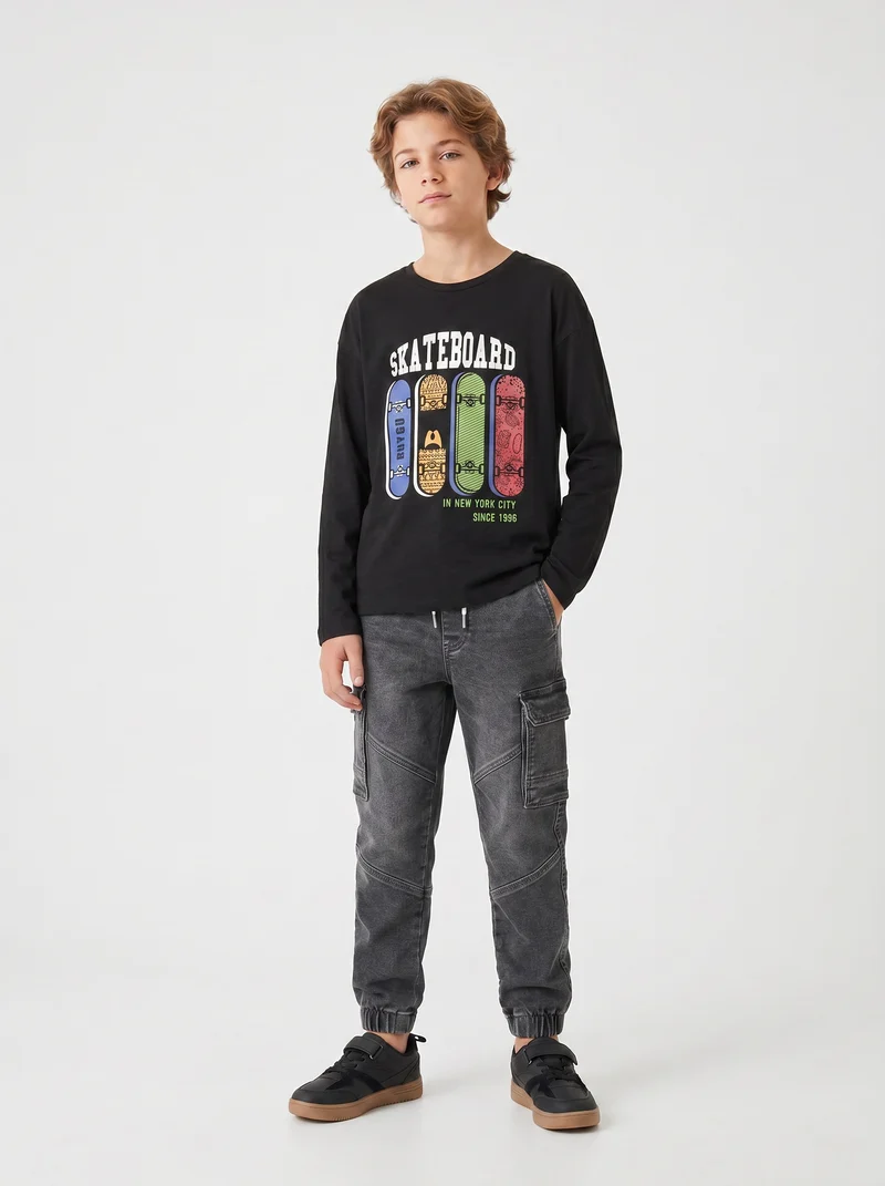 T-shirt maniche lunghe in jersey fiammato - Nero