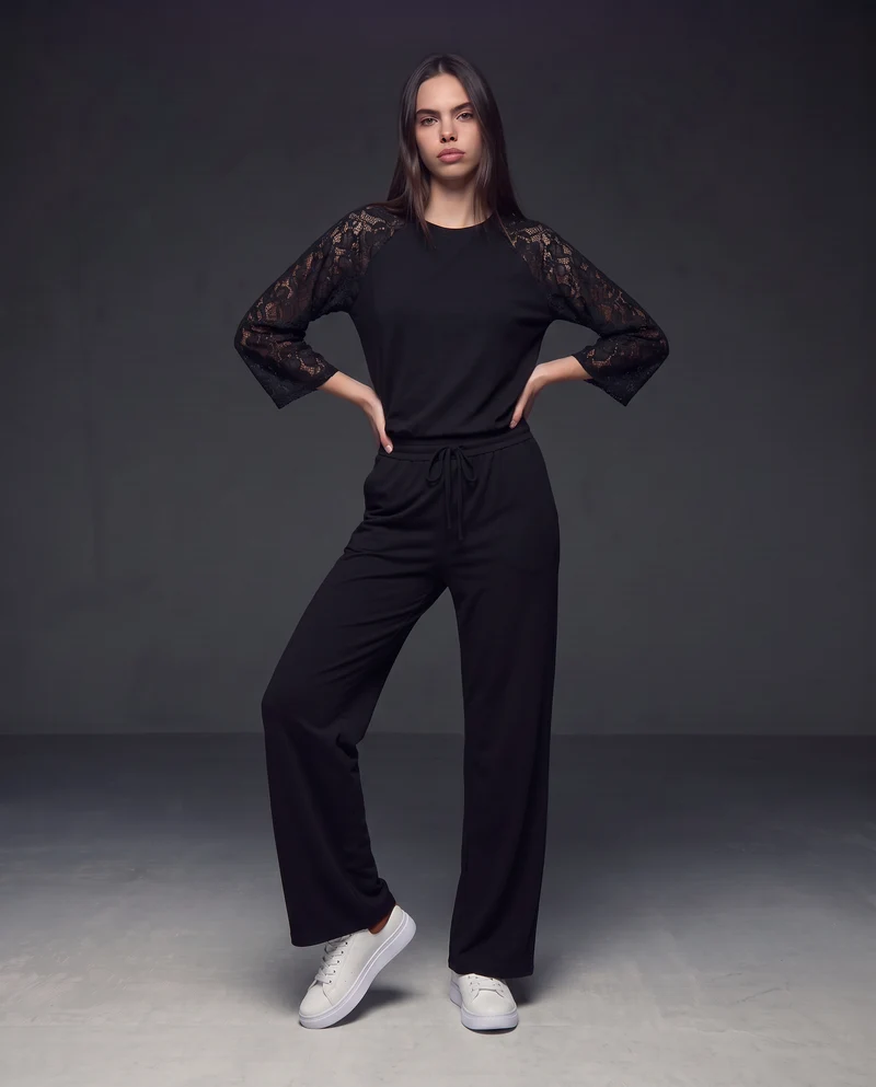 Pantaloni tuta dritti con coulisse in vita - Nero