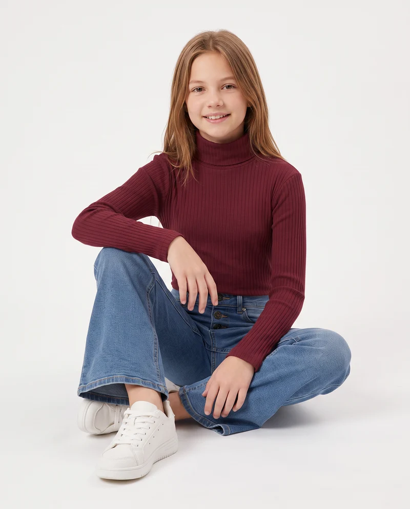 Maglia collo alto per bambina in costina - Bordeaux