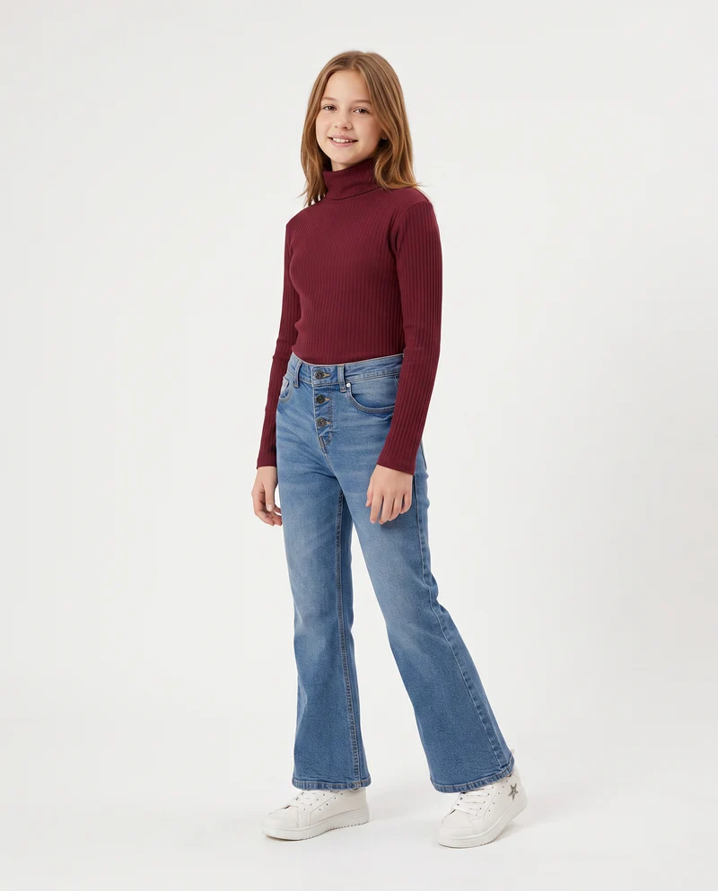 Maglia collo alto per bambina in costina - Bordeaux