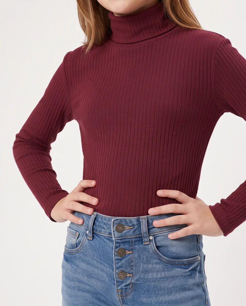 Maglia collo alto per bambina in costina - Bordeaux