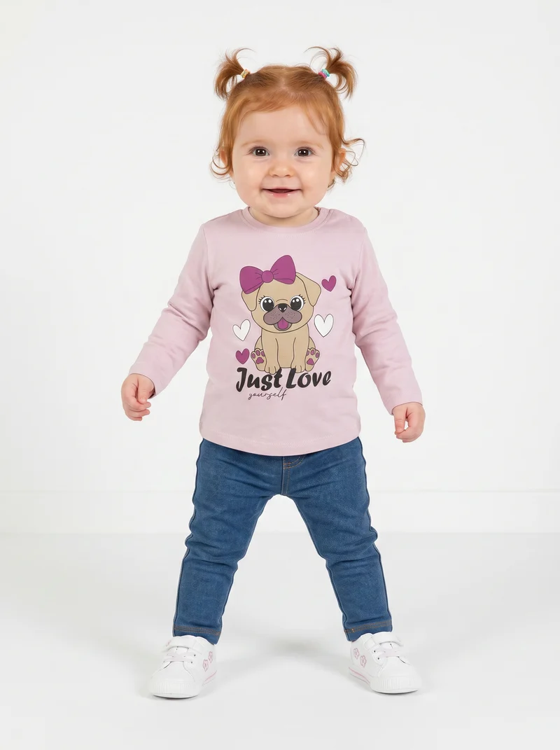 T-shirt manica lunga con stampa colorata - Rosa polvere
