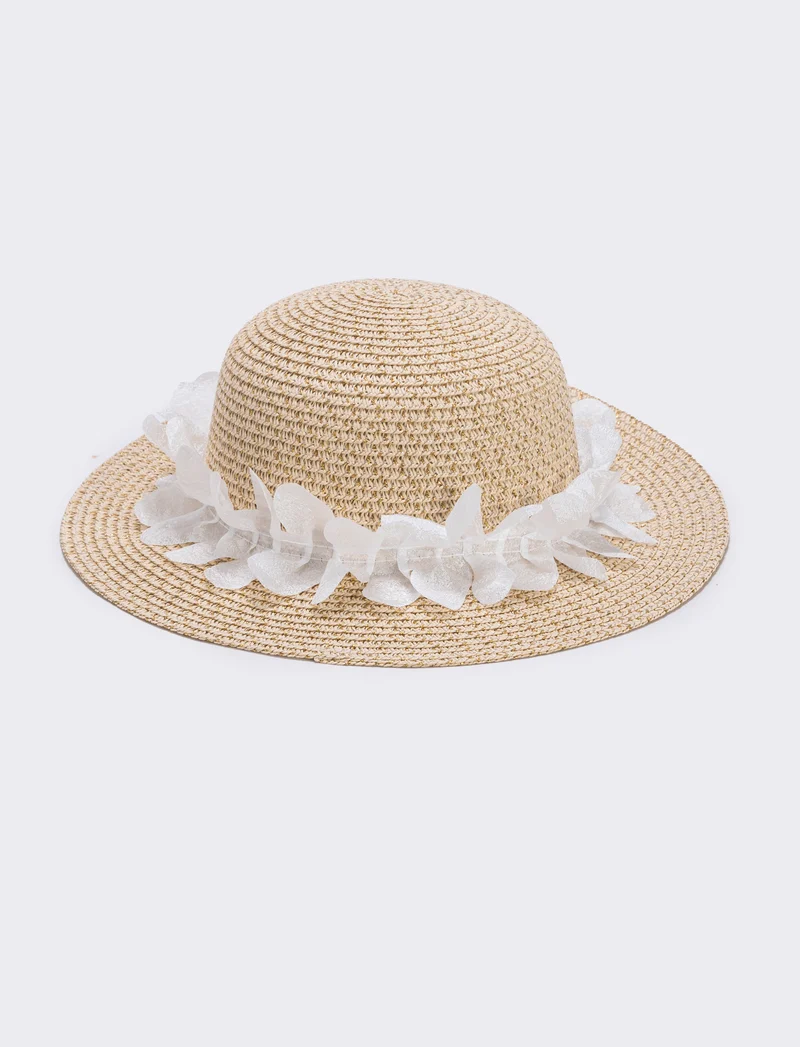 Cappello paglia con falda larga e decorazioni - Bianco natural