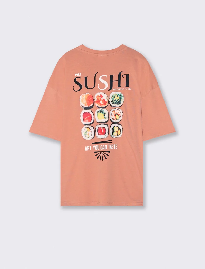T-shirt girocollo con stampa boxy fit - Rosa salmone