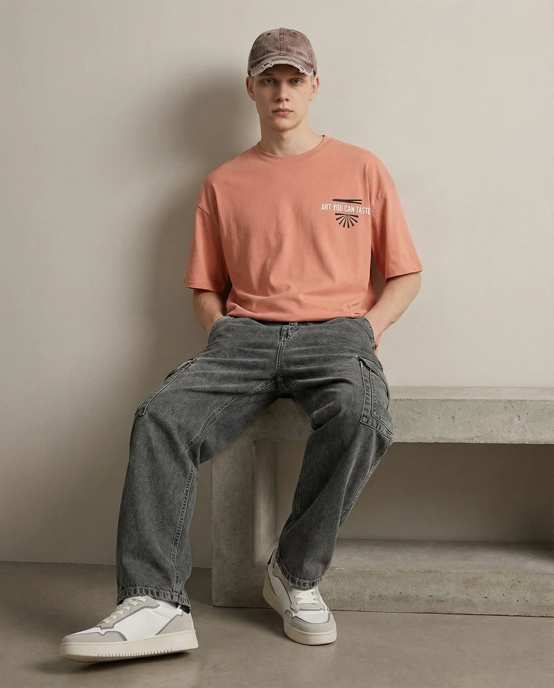 T-shirt girocollo con stampa boxy fit - Rosa salmone