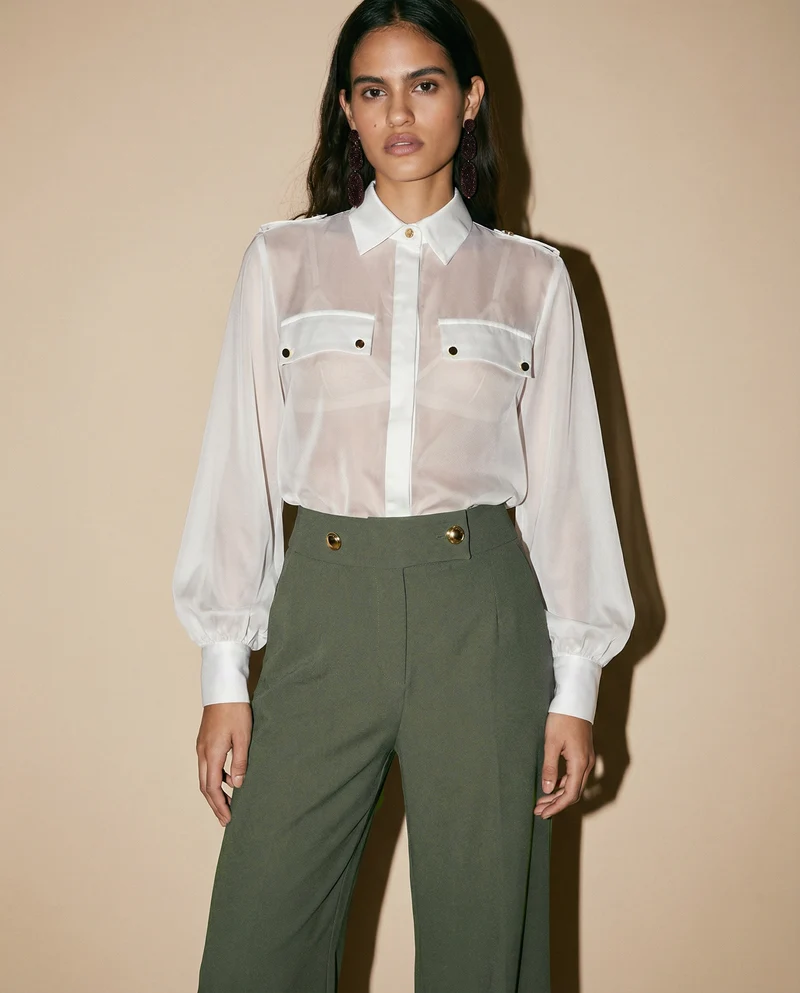 Pantaloni Palazzo con Bottoni in Vita - militare