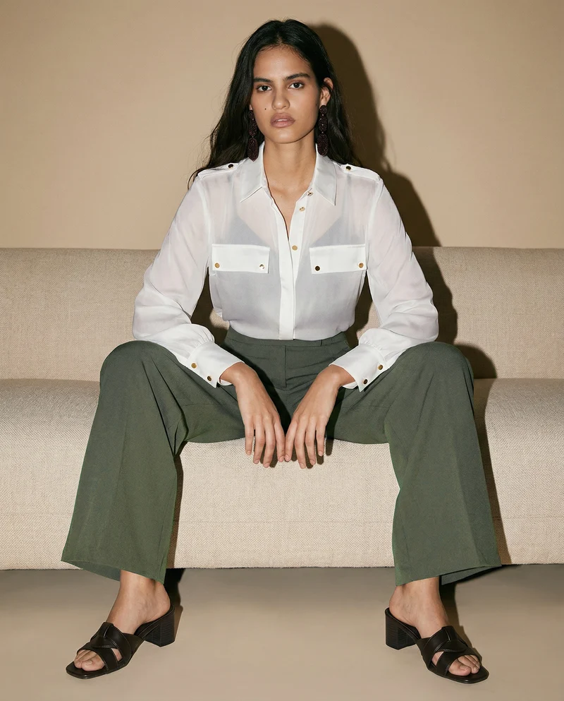 Pantaloni Palazzo con Bottoni in Vita - militare