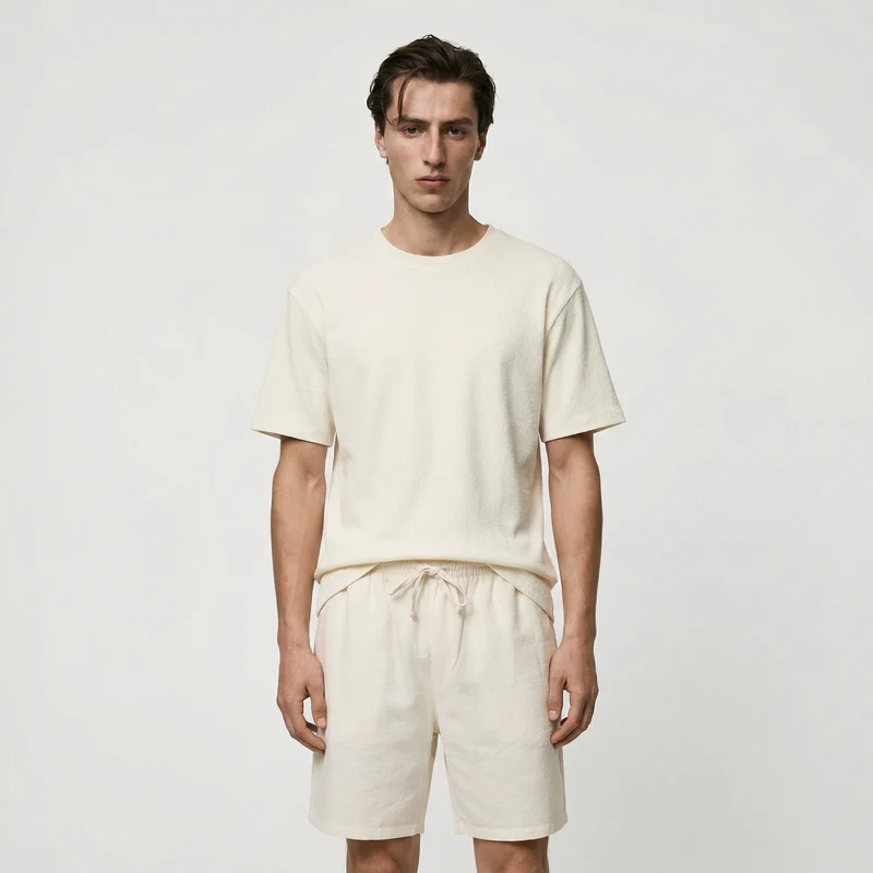 T-shirt girocollo in jacquard con maniche corte - Bianco sporco