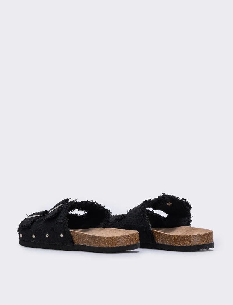 Sandalo in denim con strass e fibbia doppia - Nero