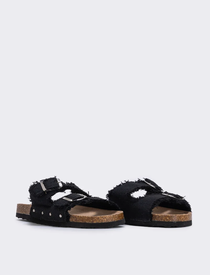 Sandalo in denim con strass e fibbia doppia - Nero