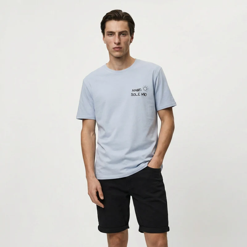 T-shirt girocollo con stampa spray effetto - Celeste polvere
