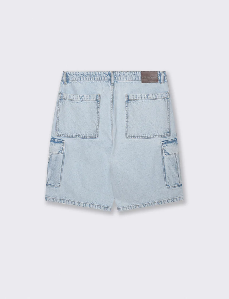 Bermuda Jeans Cargo Baggy Fit Effetto Slavato - Denim chiaro