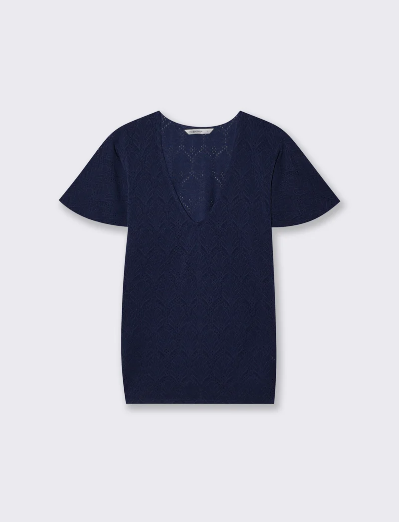 T-Shirt Scollo a V con Manica a Volant - Blu