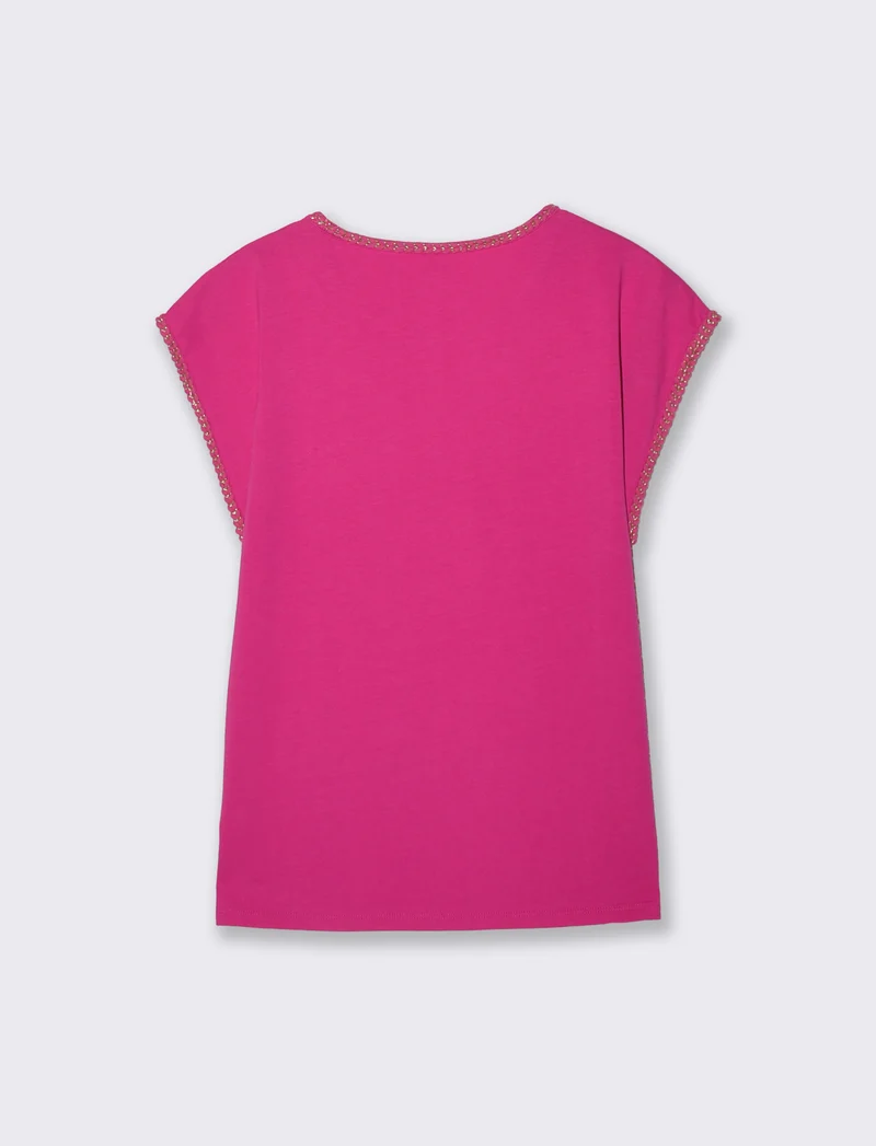 T-Shirt Cotone Manica Corto con Trim - Fuxia
