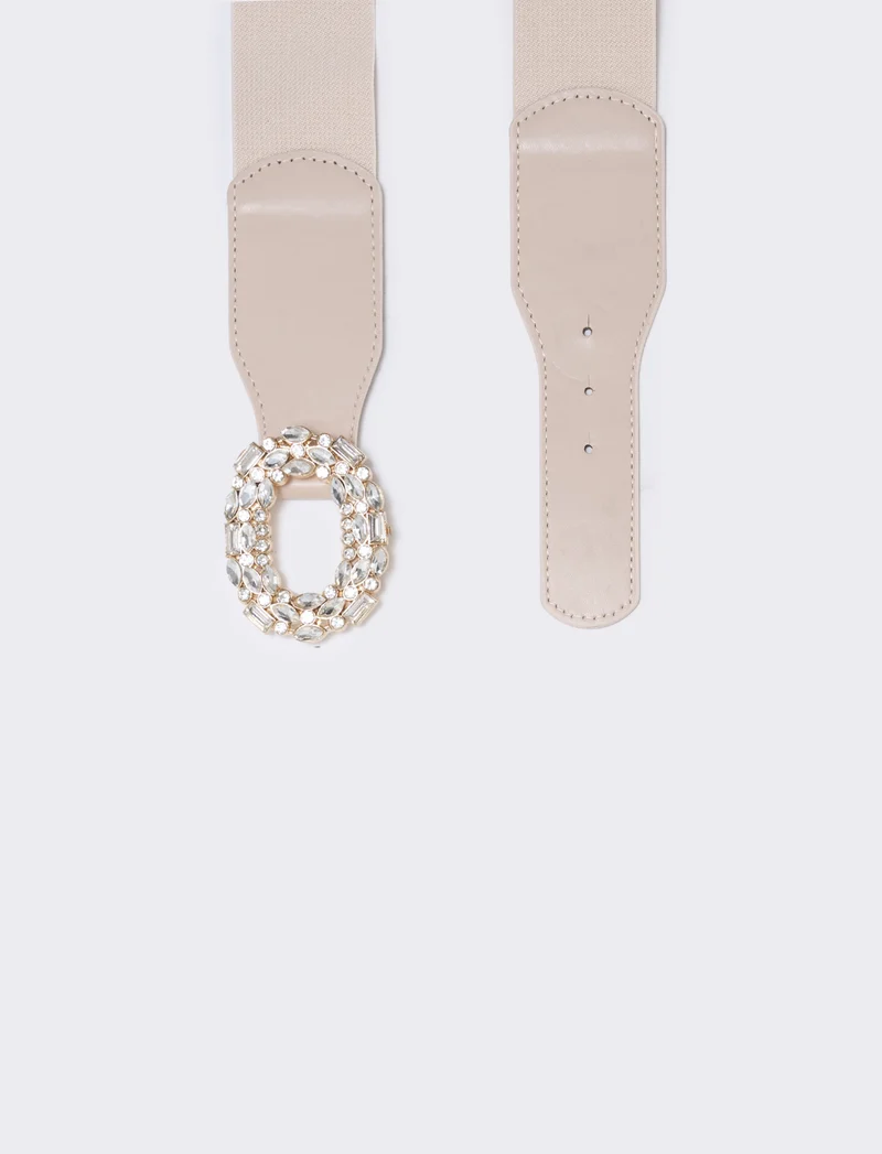 Cintura elastica con fibbia strass - Beige