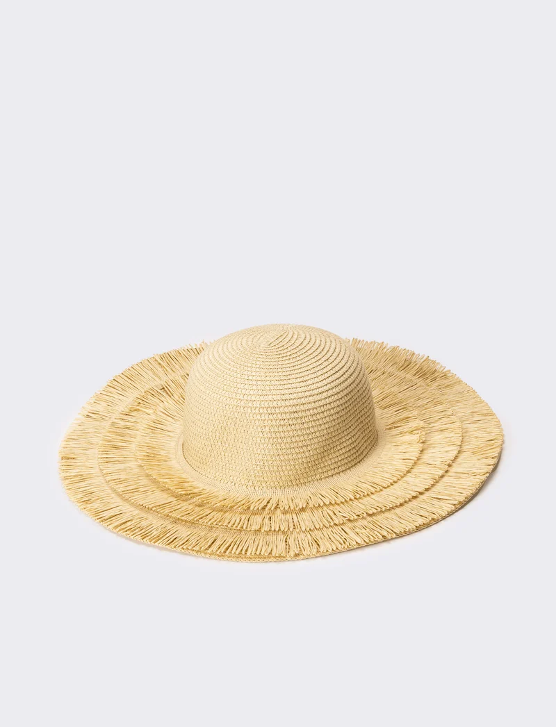 Cappello donna a falda larga con frange in raffia - Naturale