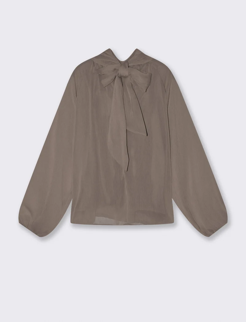 Casacca in tessuto leggero con fiocco al collo - Grigio fango