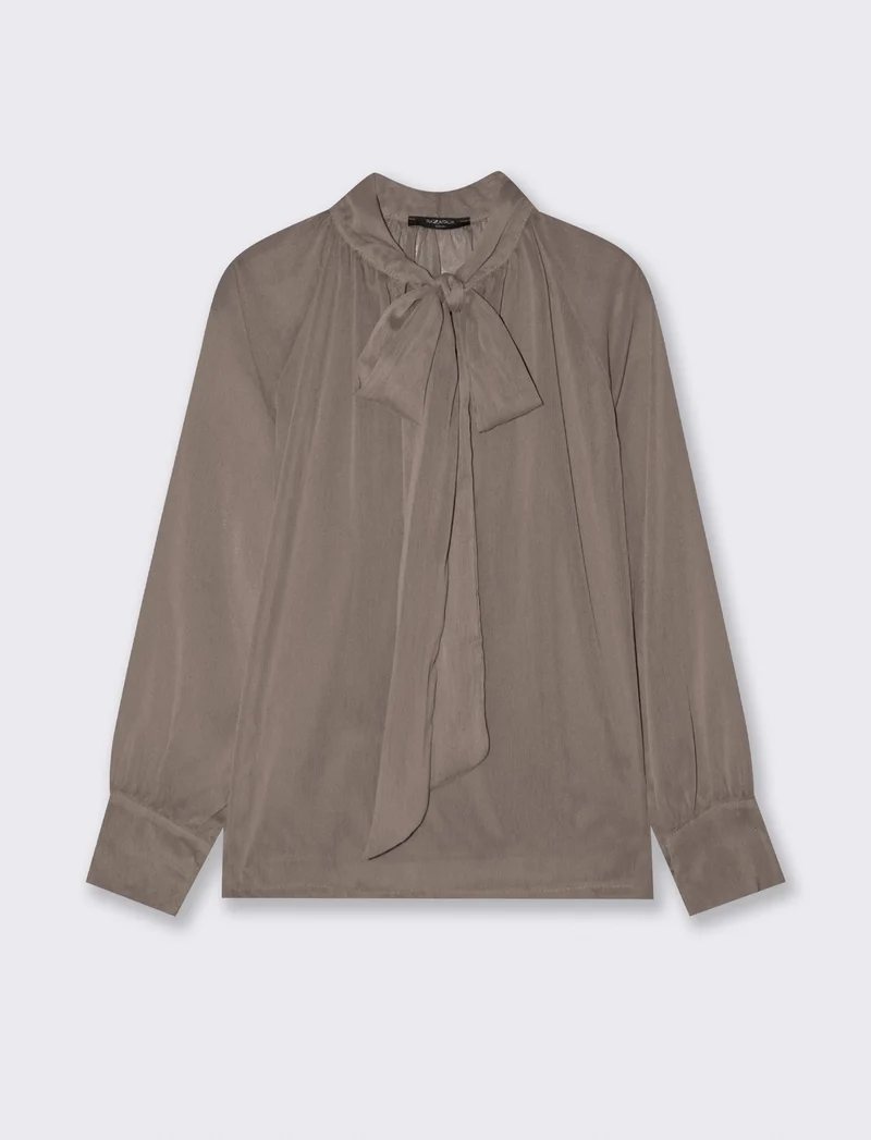 Casacca in tessuto leggero con fiocco al collo - Grigio fango