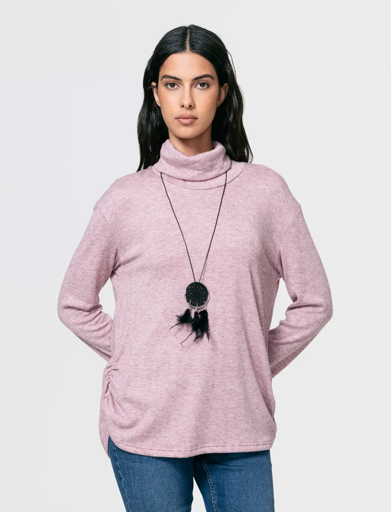 Tshirt manica lunga con collo alto in tessuto pesante con collana - Bordeaux