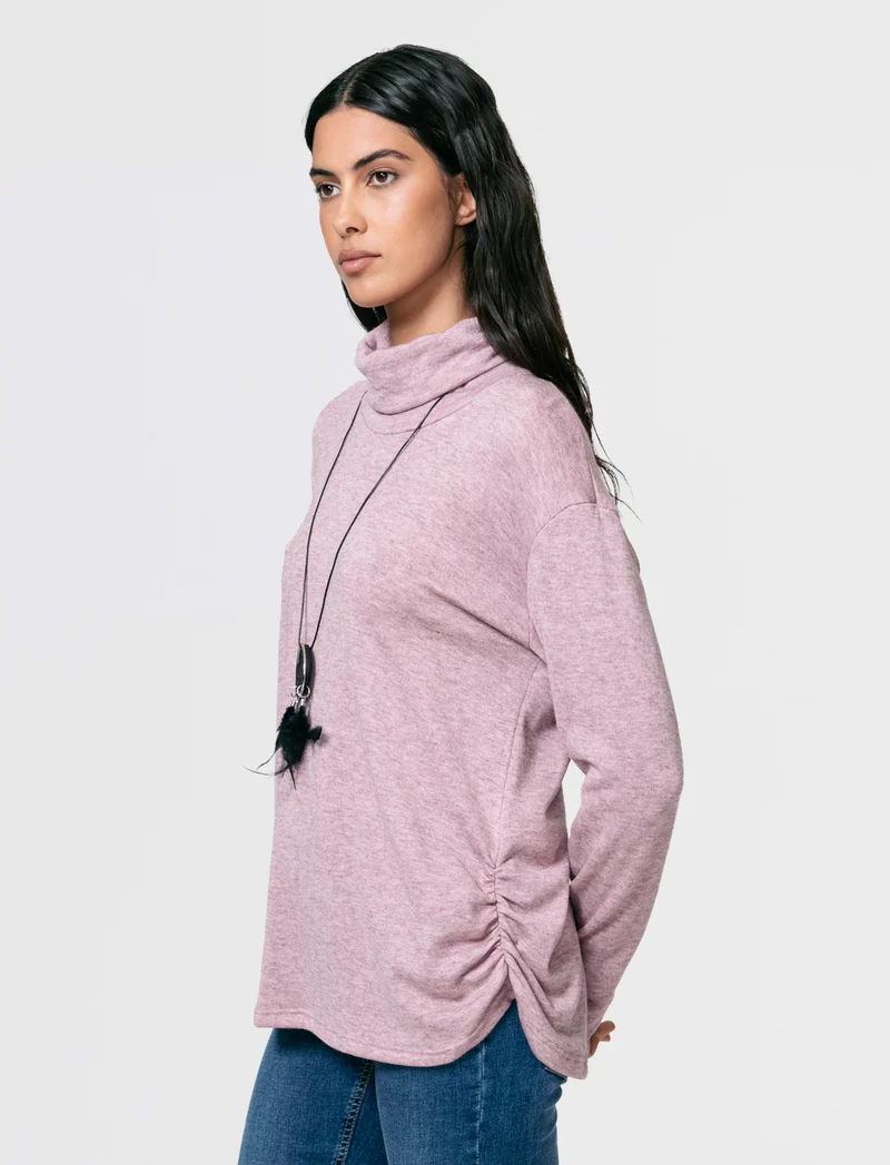 Tshirt manica lunga con collo alto in tessuto pesante con collana - Bordeaux