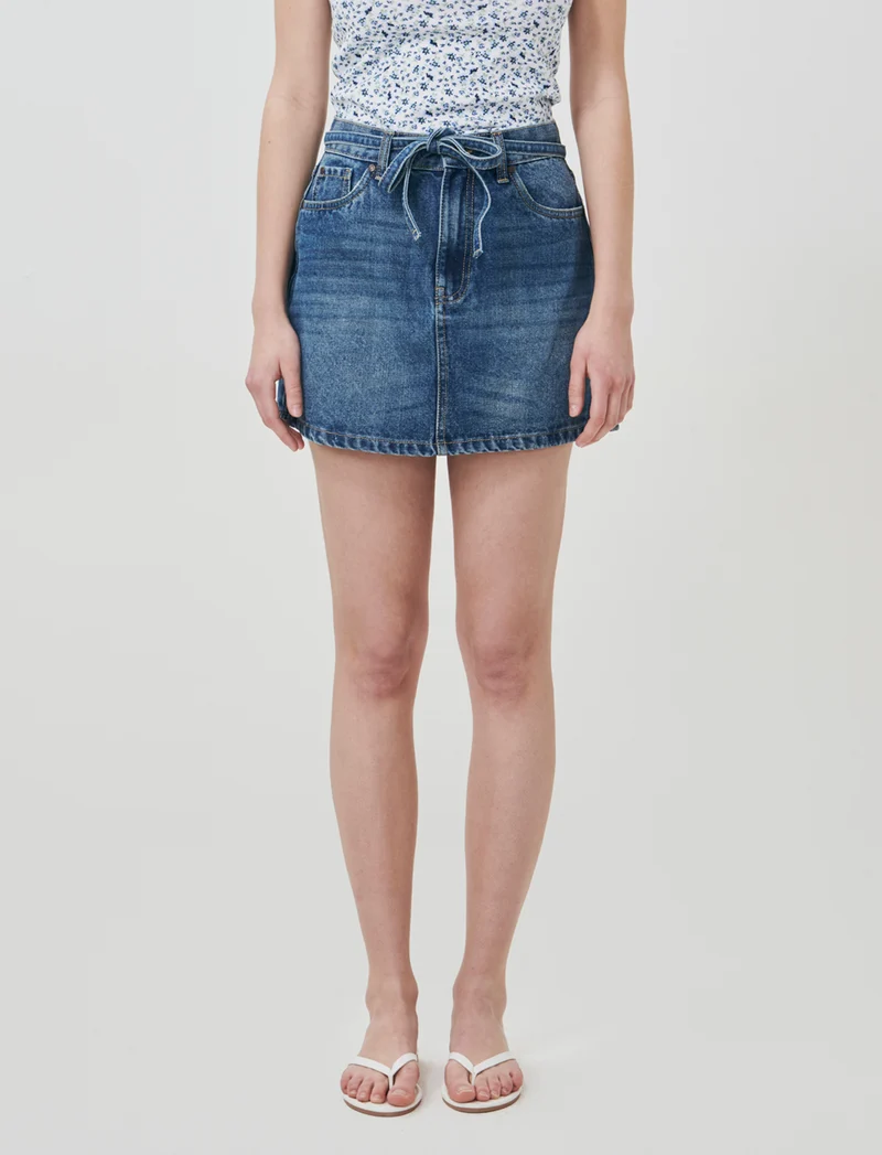 Gonna corta denim con cordino in vita - DENIM SCURO