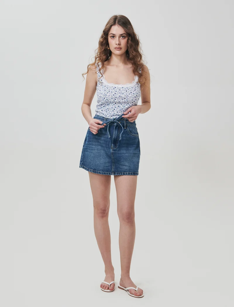 Gonna corta denim con cordino in vita - DENIM SCURO
