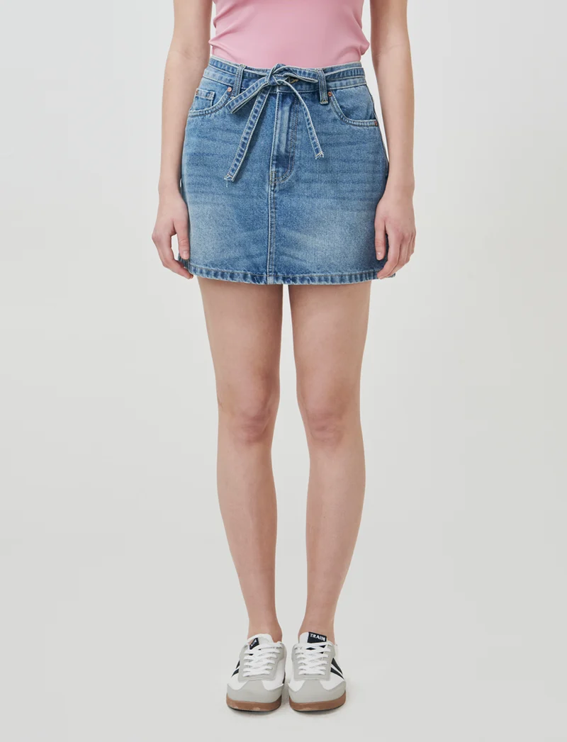 Gonna corta denim con cordino in vita - Denim