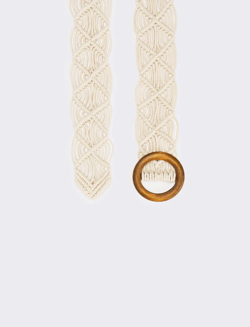 Cintura donna intrecciata filo e fibbia in legno - Beige