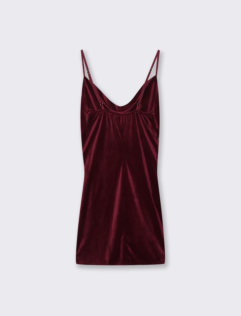 Vestito corto con arriccio sul fianco in tessuto ciniglia - Bordeaux