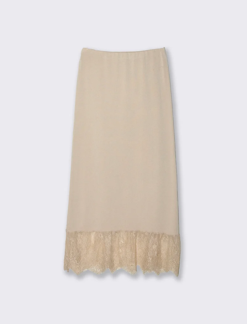 Gonna lunga in maglia con pizzo al fondo - Bianco panna