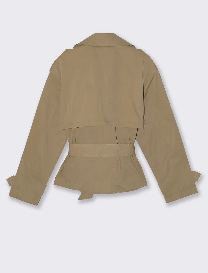 Trench Corto Doppiopetto con Cintura - Beige fieno
