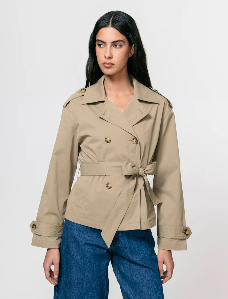 Trench Corto Doppiopetto con Cintura - Beige fieno