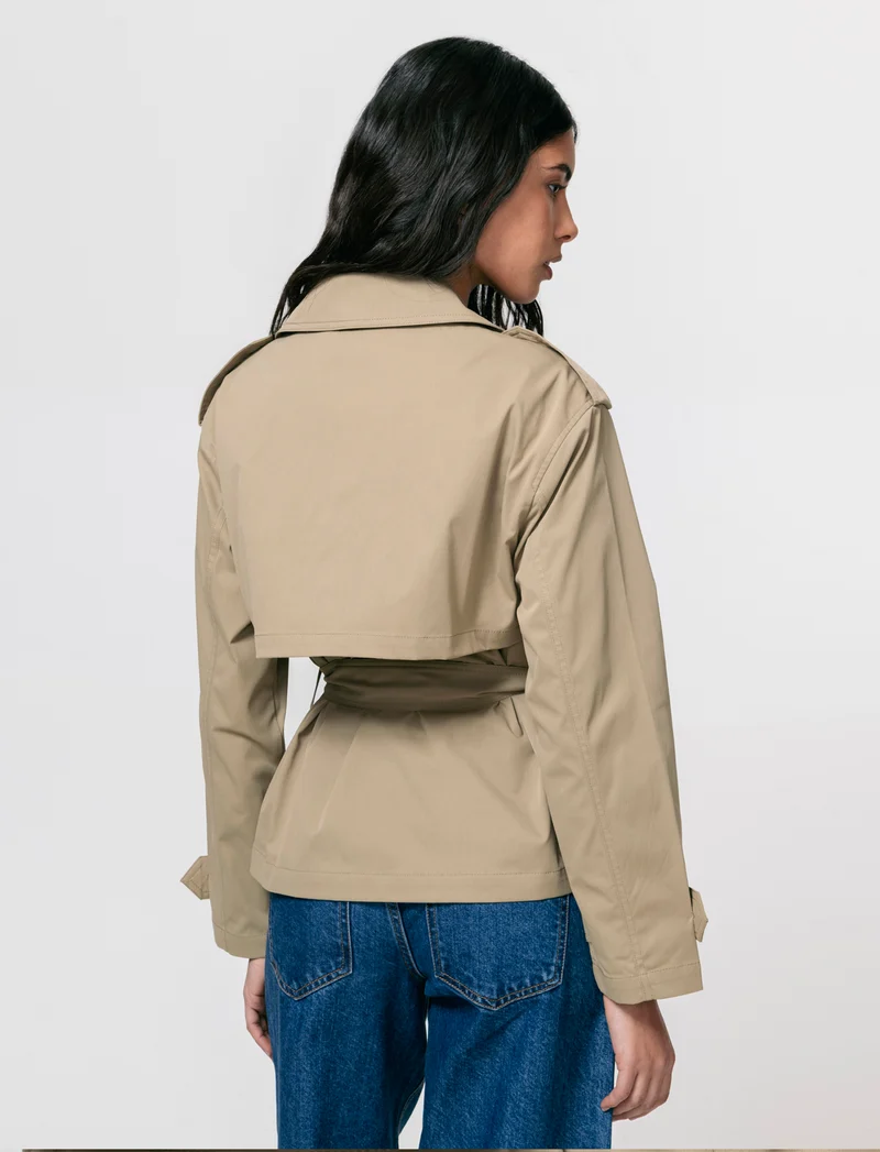 Trench Corto Doppiopetto con Cintura - Beige fieno