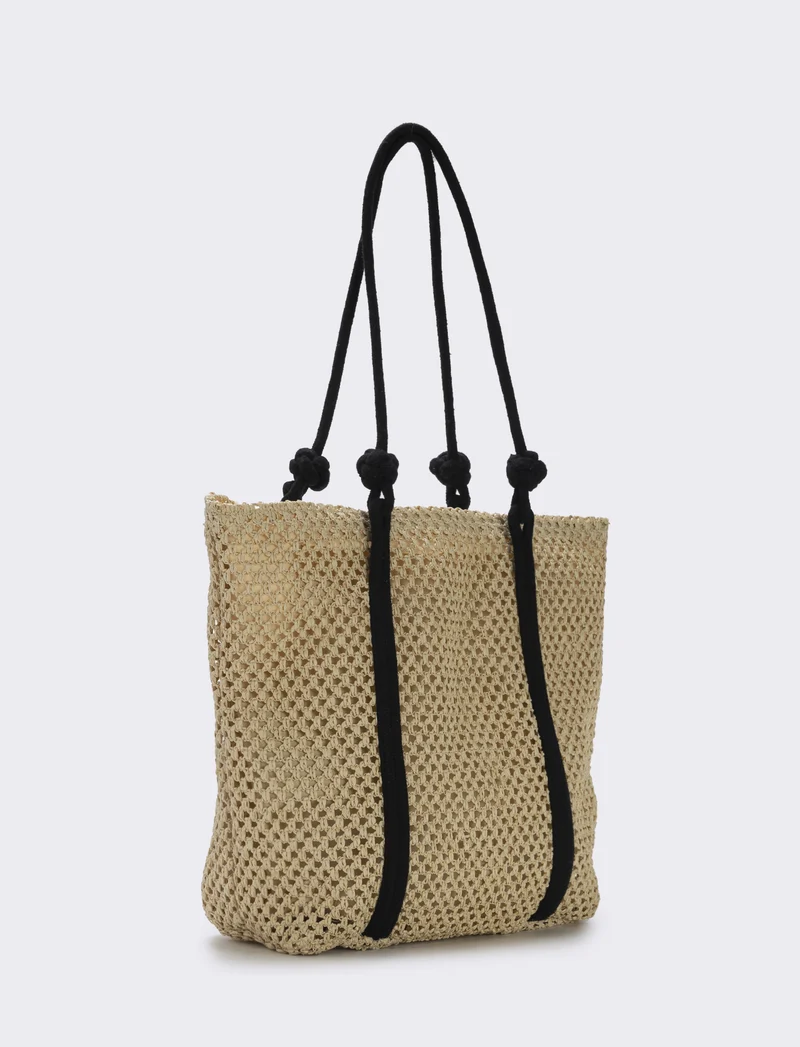 Borsa shopper in paglia con manico in corda - Bianco natural