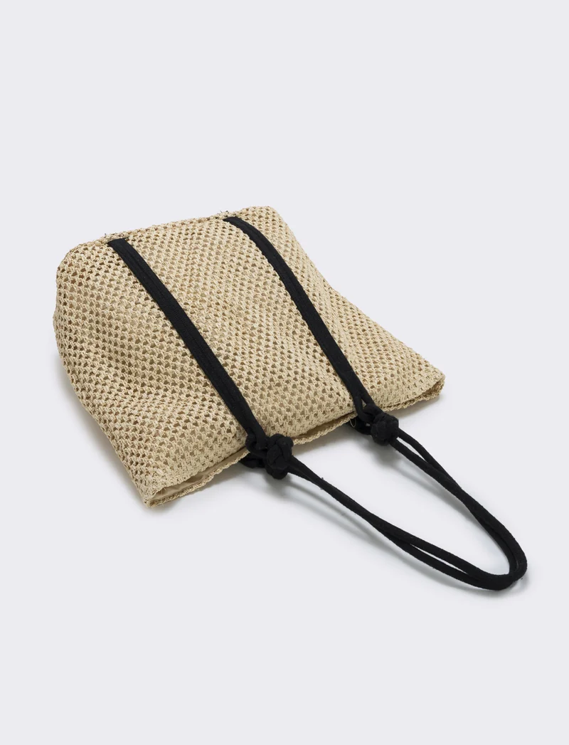 Borsa shopper in paglia con manico in corda - Bianco natural