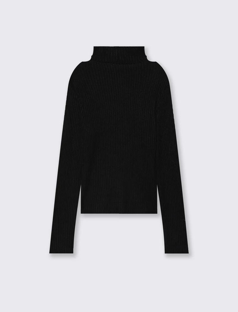 T-shirt manica lunga in maglia con scollatura decorativa. - Nero