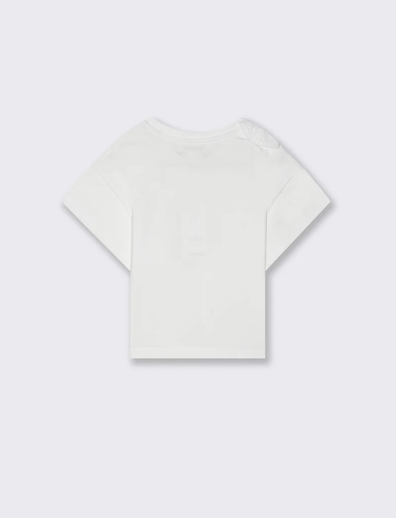 T-shirt in cotone con dettagli in sangallo da bambina - Bianco