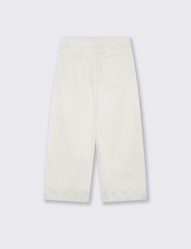 Pantaloni wide leg in twill con ricamo - Bianco latte