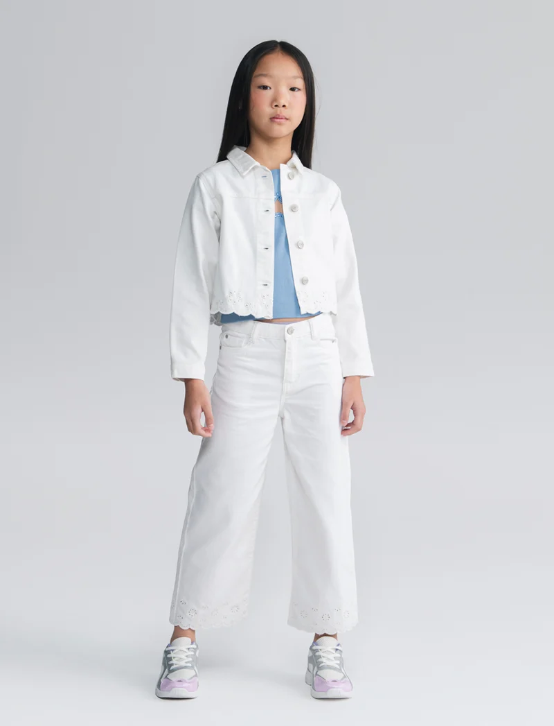 Pantaloni wide leg in twill con ricamo - Bianco latte