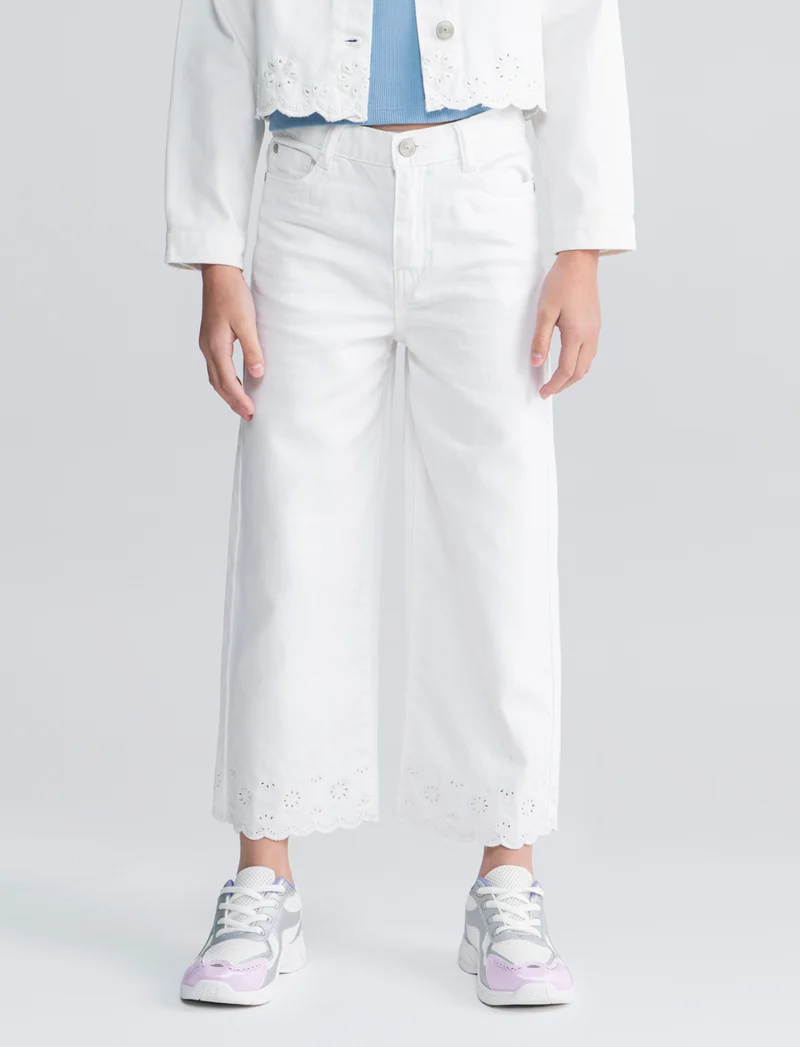 Pantaloni wide leg in twill con ricamo - Bianco latte